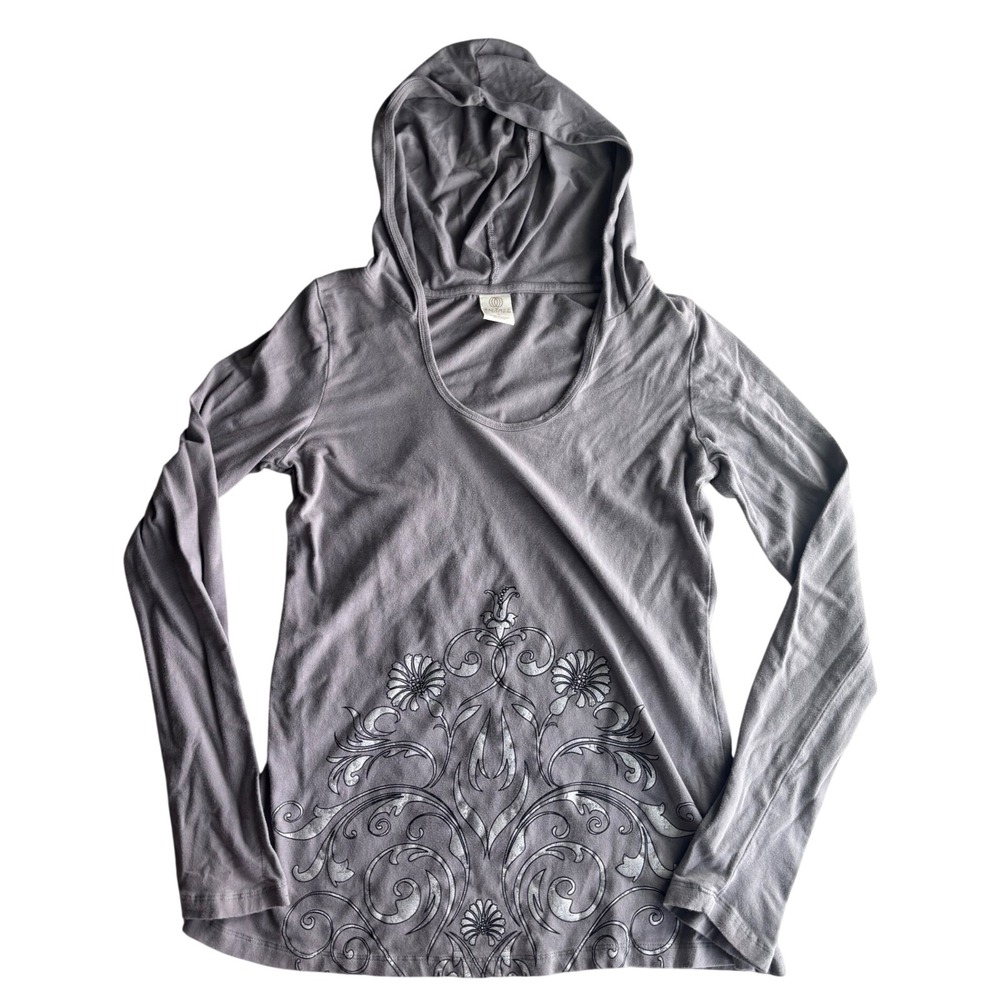 Hooded Yoga Workout Top Grey Y2K Style Floral Print M Balance Collection Marika